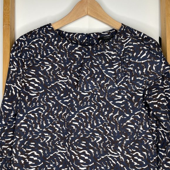 SOLD COS Blue Maroon Print Top Blouse Size 34 6 Cotton Frill Ruffle Long Sleeve - Picture 3 of 9